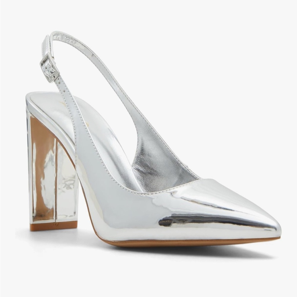 Aldo Silver Chunky Heel Slingback Pumps